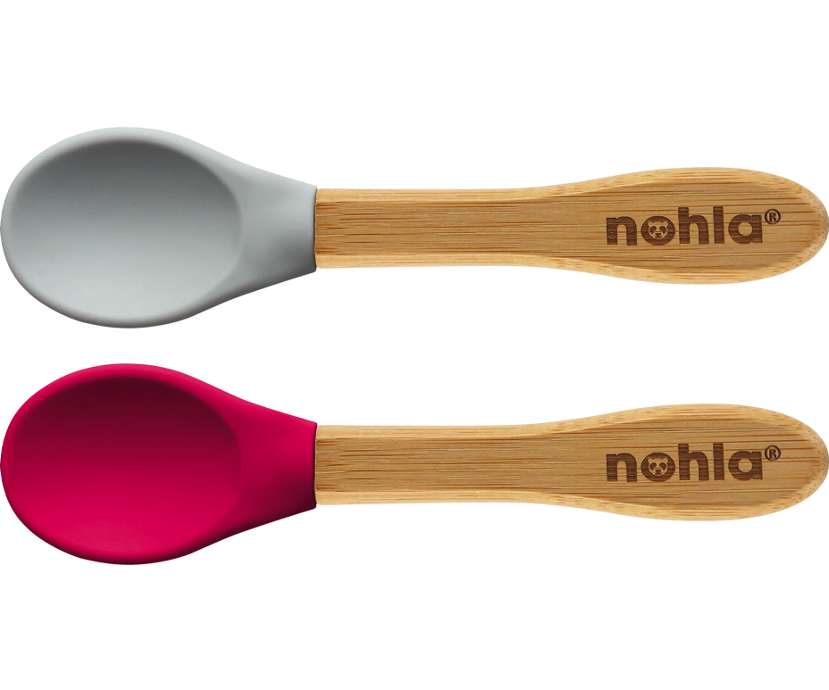 nohla-co-uk Bamboo Baby Spoons with Soft Silicone Tips 2-Pack - Grey & Cherry product image