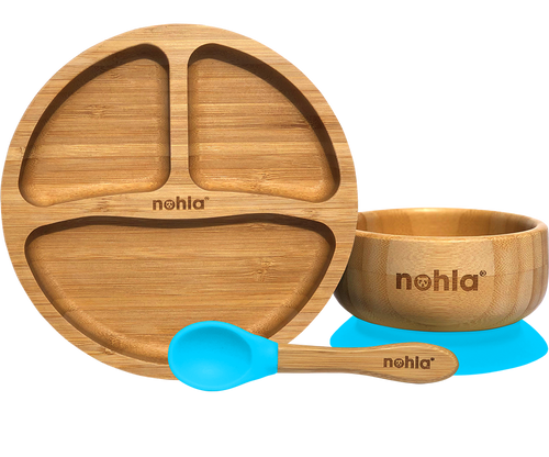 Bamboo Baby Suction Plate, Bowl and Spoon Weaning Set - Blue