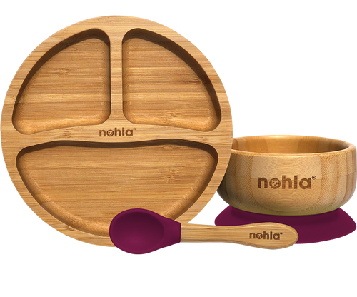 Bamboo Baby Suction Plate, Bowl and Spoon Weaning Set - Cherry