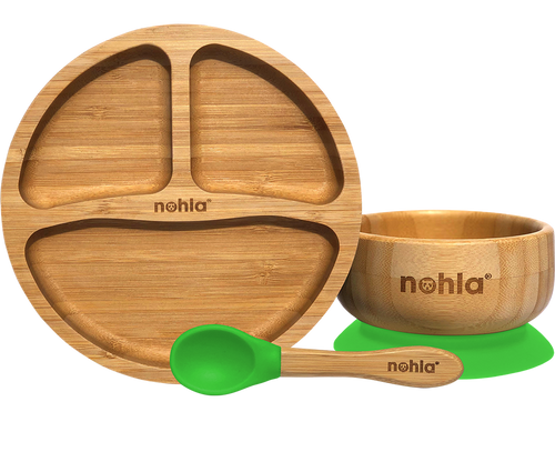 Bamboo Baby Suction Plate, Bowl and Spoon Weaning Set - Green
