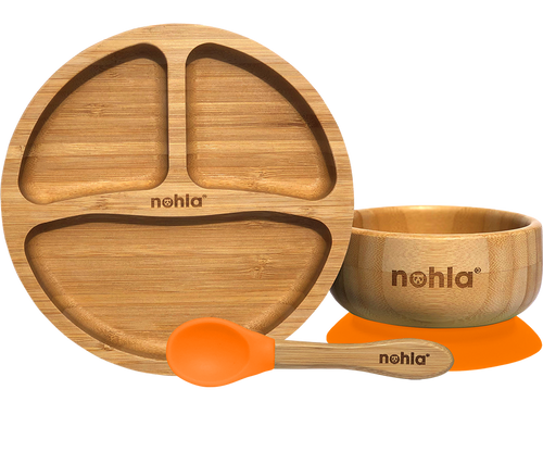 Bamboo Baby Suction Plate, Bowl and Spoon Weaning Set - Orange