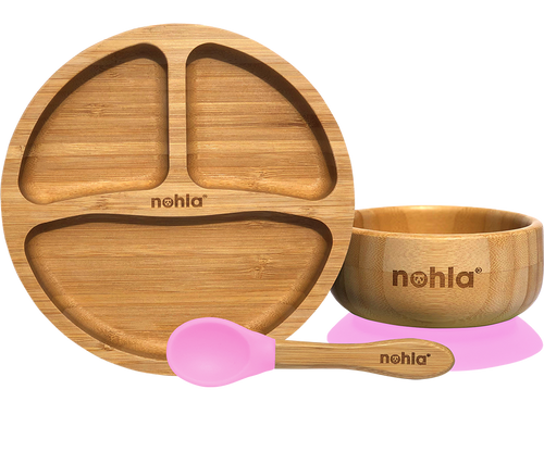 Bamboo Baby Suction Plate, Bowl and Spoon Weaning Set - Pink