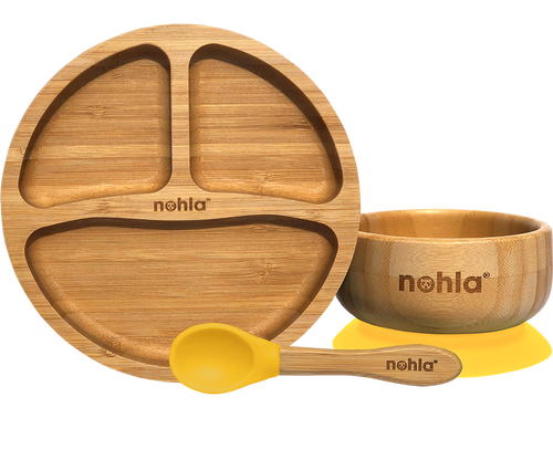 Bamboo Baby Suction Plate, Bowl and Spoon Weaning Set - Yellow