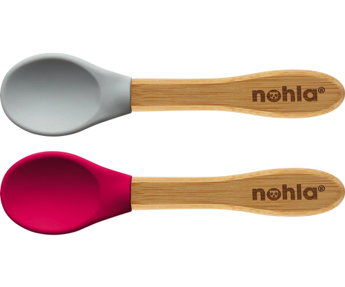 Nohla Bamboo Baby Spoons with Soft Silicone Tips 2-Pack - Grey & Cherry