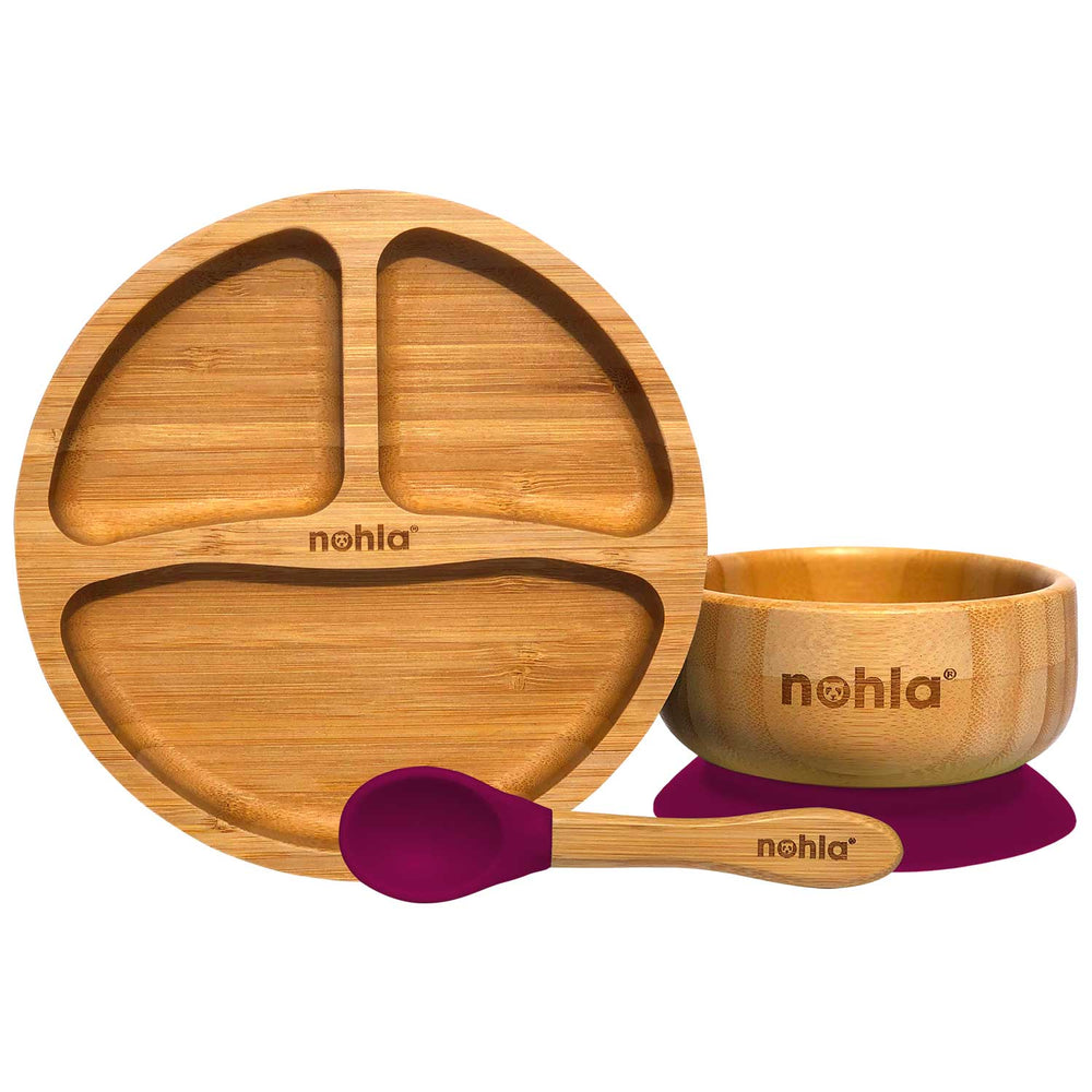 Bamboo Baby Suction Plate, Bowl and Spoon Weaning Set - Cherry