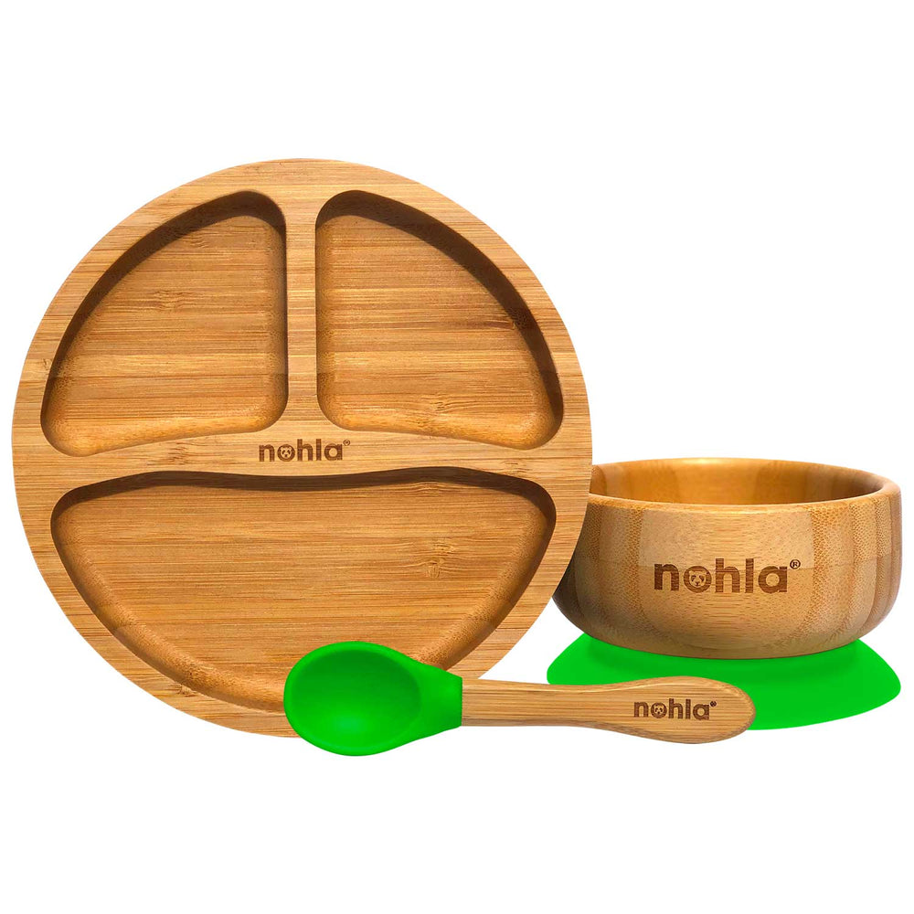 Bamboo Baby Suction Plate, Bowl and Spoon Weaning Set - Green